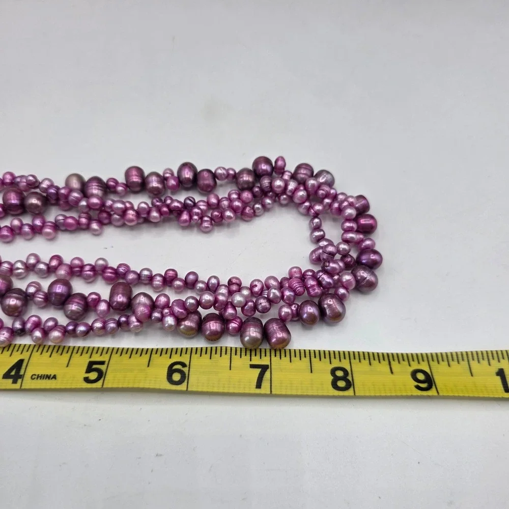 Magenta Pink Multi-Strand Freshwater Pearl Necklace 3-Row Slide Clasp 18in